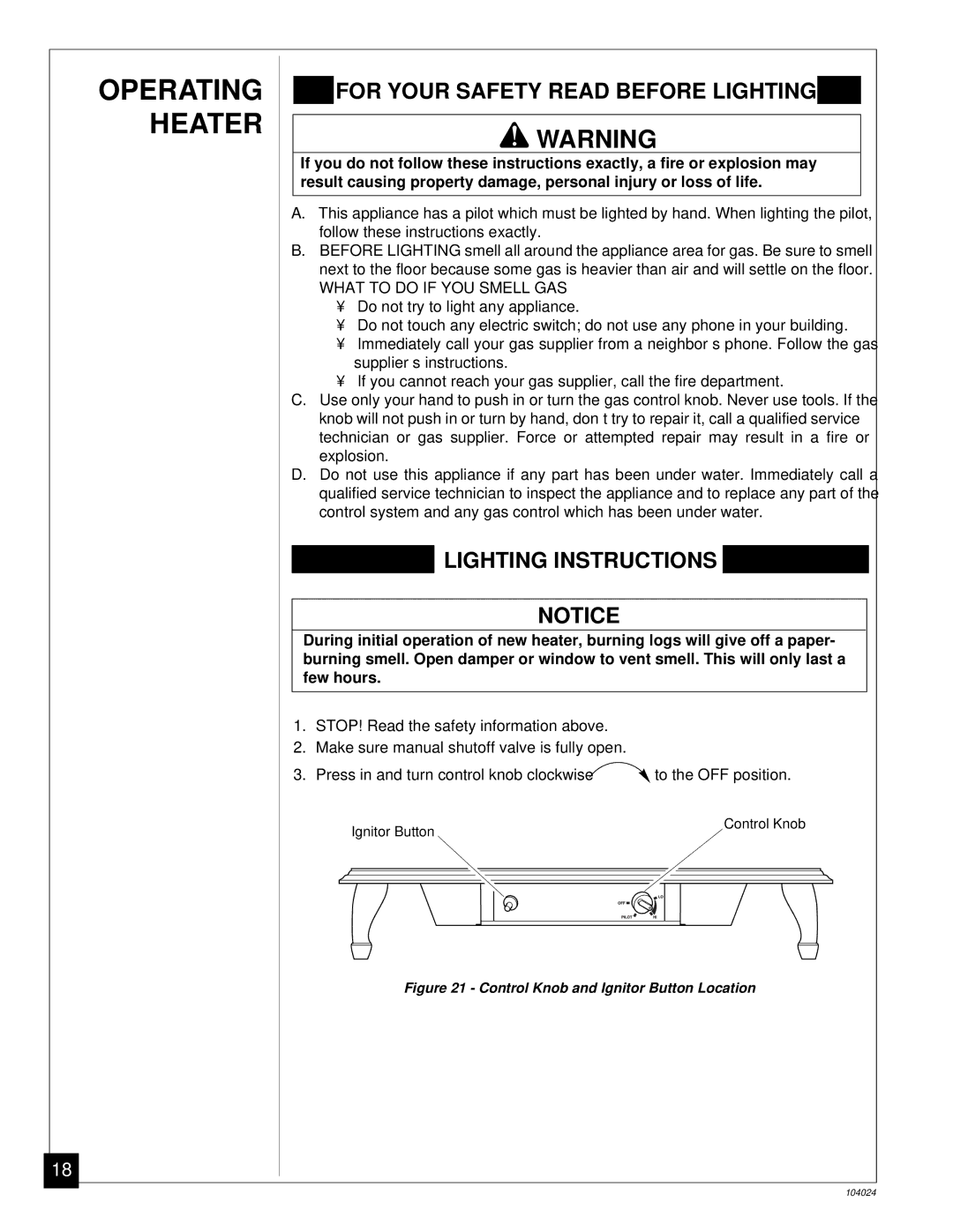 Desa SVYD18N installation manual Operating Heater, For Your Safety Read Before Lighting 