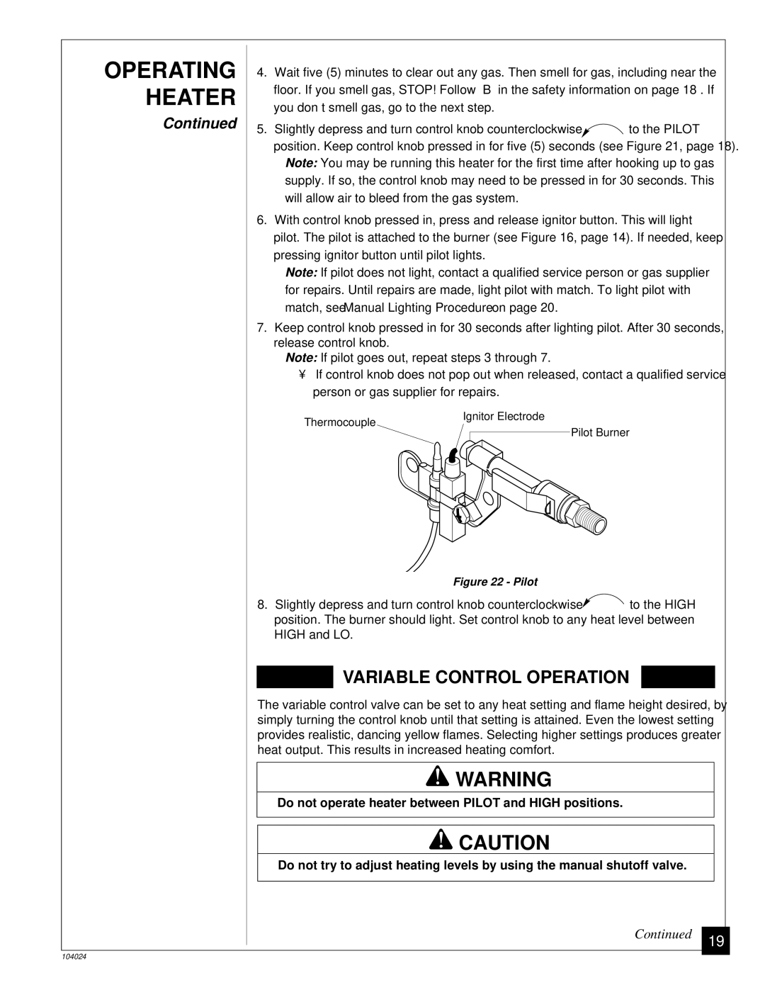 Desa SVYD18N installation manual Heater, Match, see Manual Lighting Procedure on 