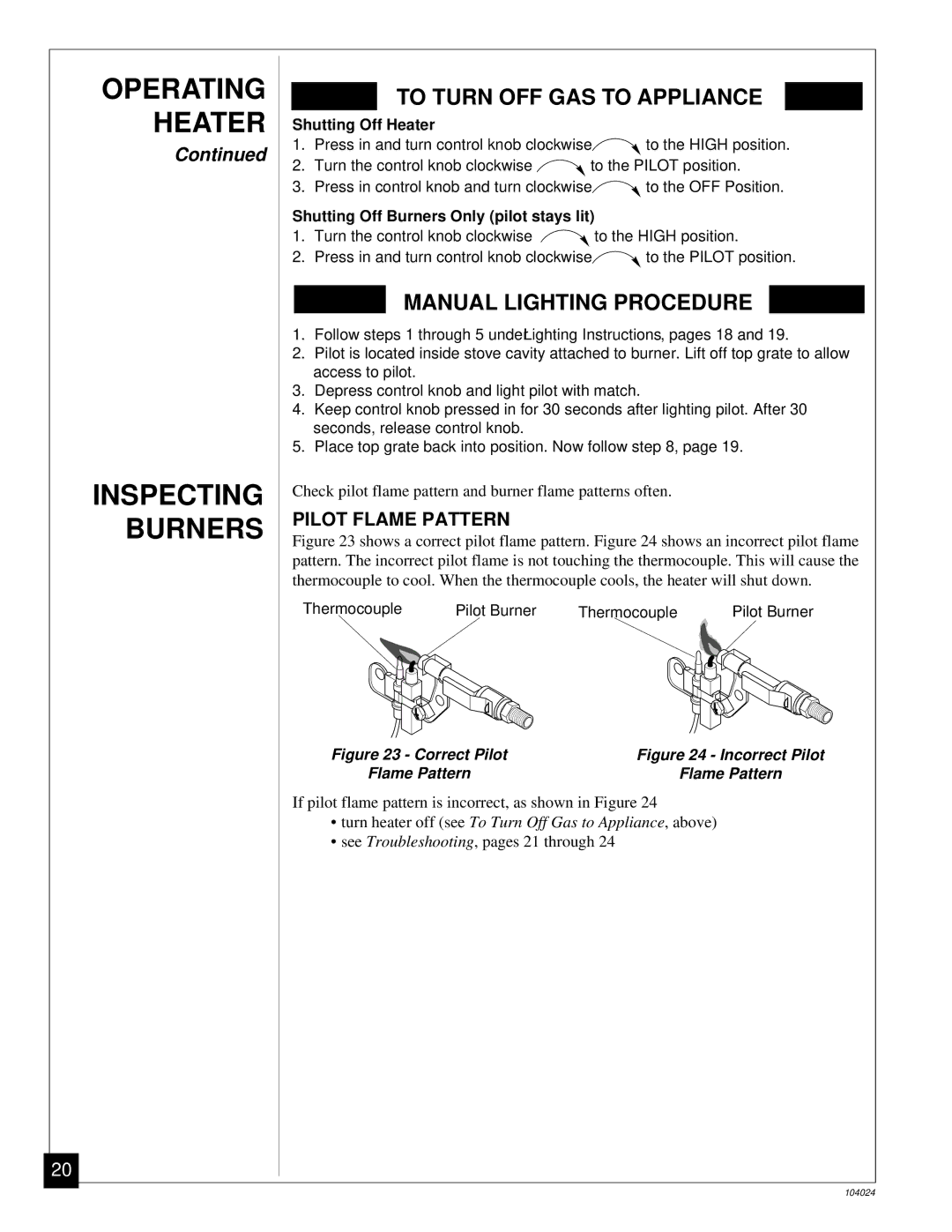 Desa SVYD18N installation manual Operating Heater Inspecting Burners, Pilot Flame Pattern 