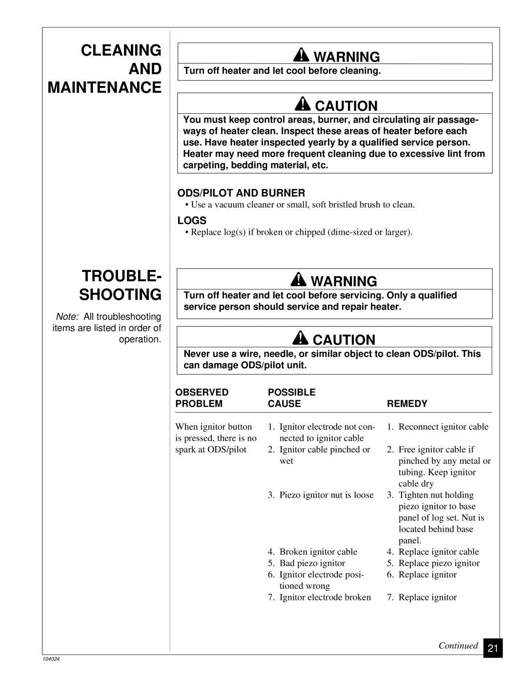 Desa SVYD18N installation manual Cleaning and Maintenance Trouble Shooting, ODS/PILOT and Burner, Logs 