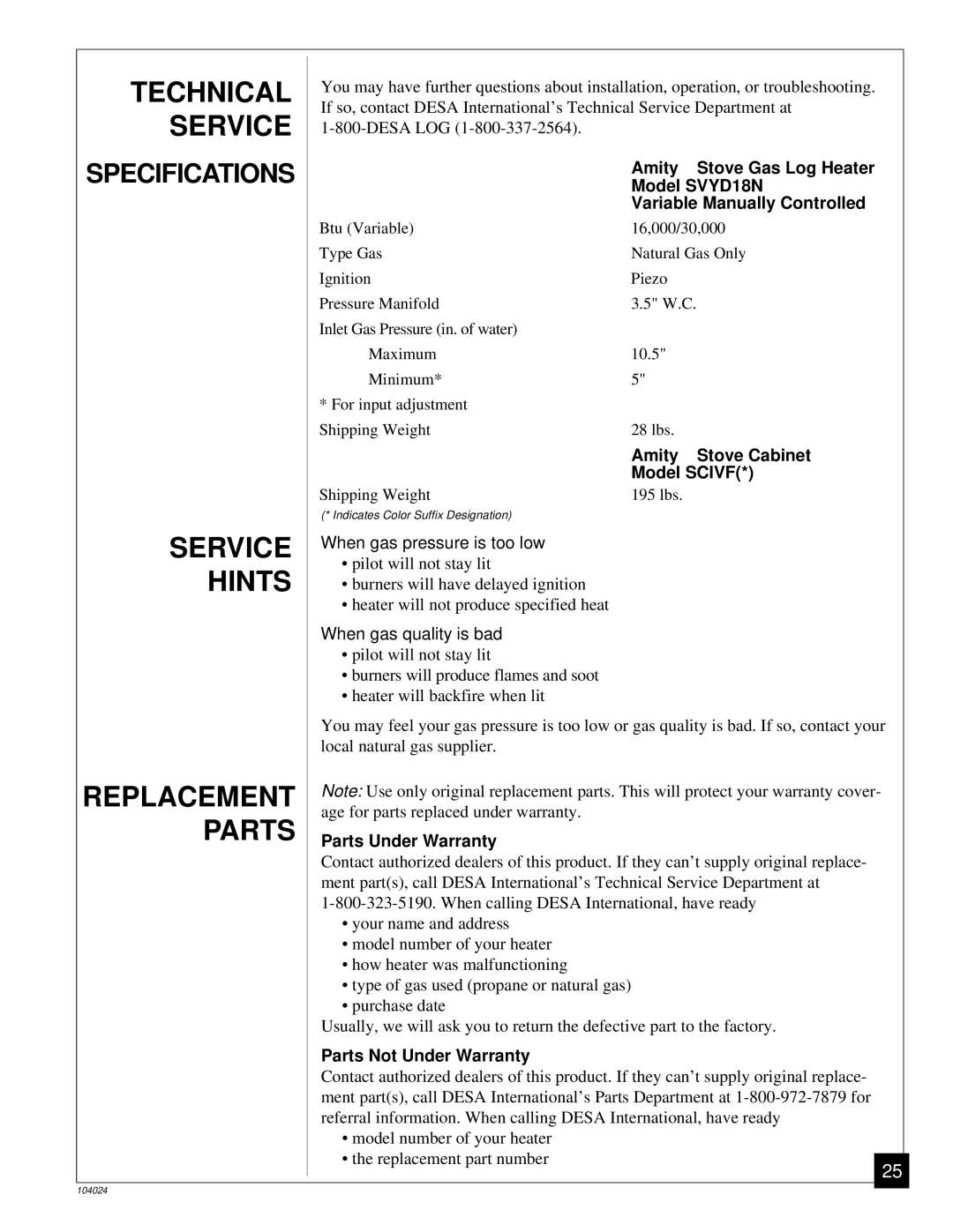 Desa SVYD18N installation manual Technical, Service, Hints, Replacement, Parts 