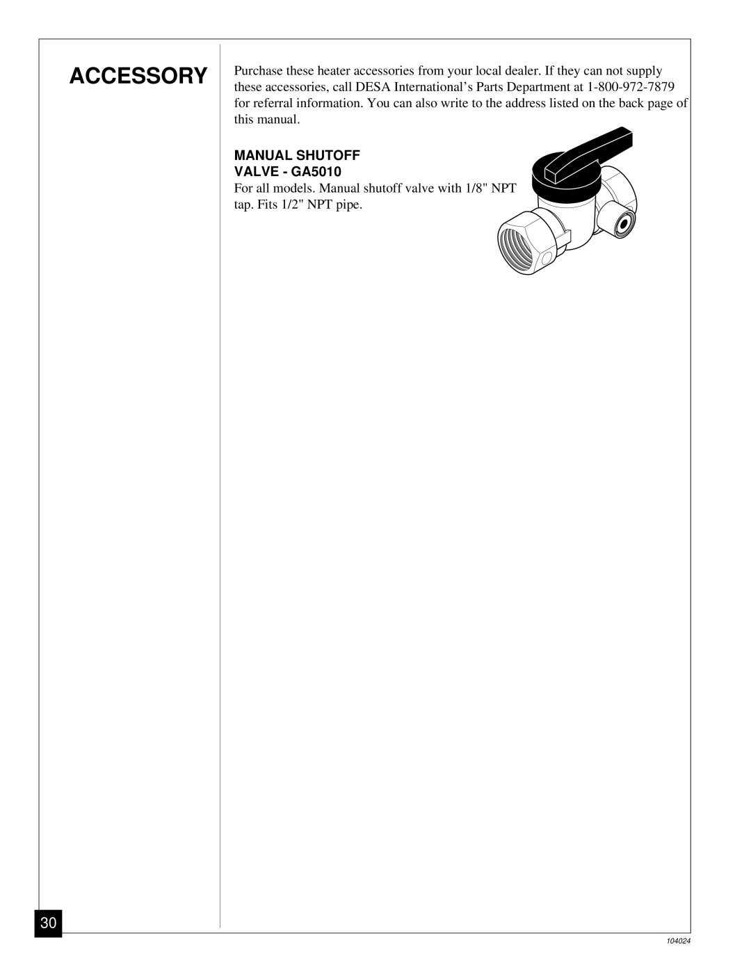 Desa SVYD18N installation manual Accessory, Valve GA5010 