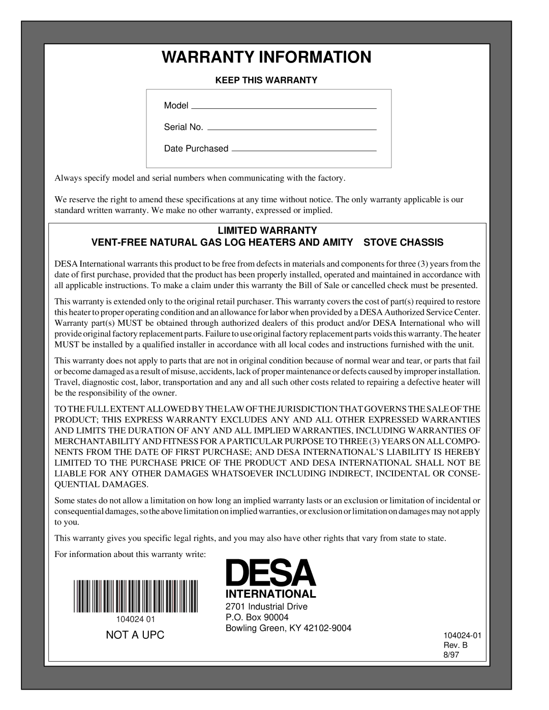 Desa SVYD18N installation manual Warranty Information, Keep this Warranty 