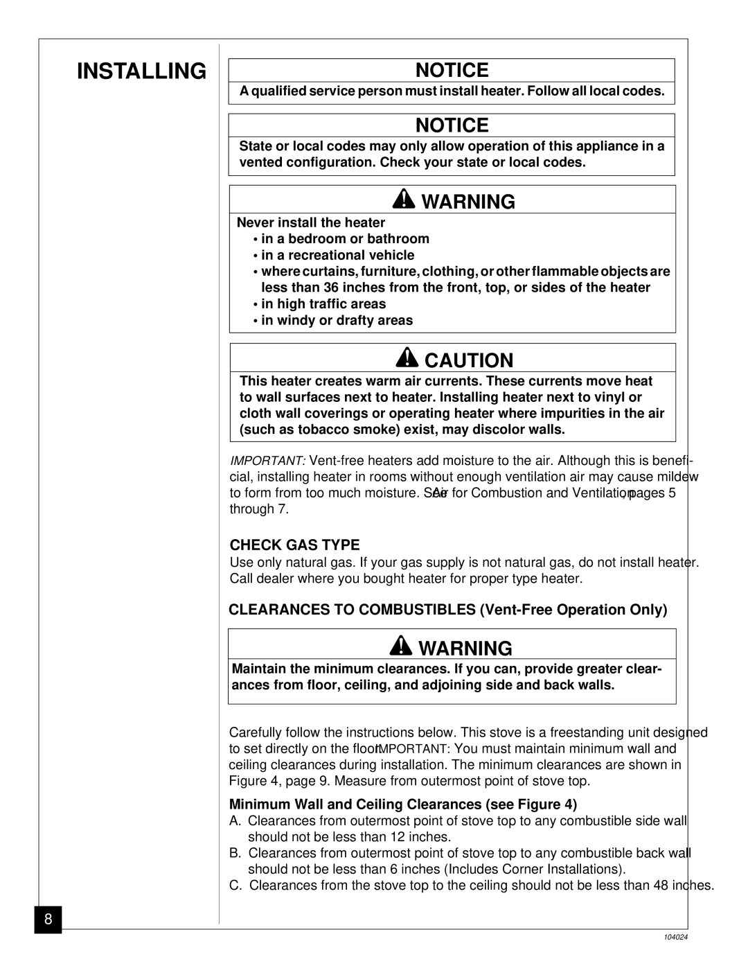 Desa SVYD18N installation manual Installing, Check GAS Type, Minimum Wall and Ceiling Clearances see Figure 