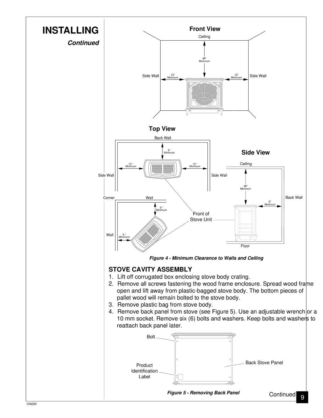 Desa SVYD18N installation manual Stove Cavity Assembly, Front View, Top View, Side View 