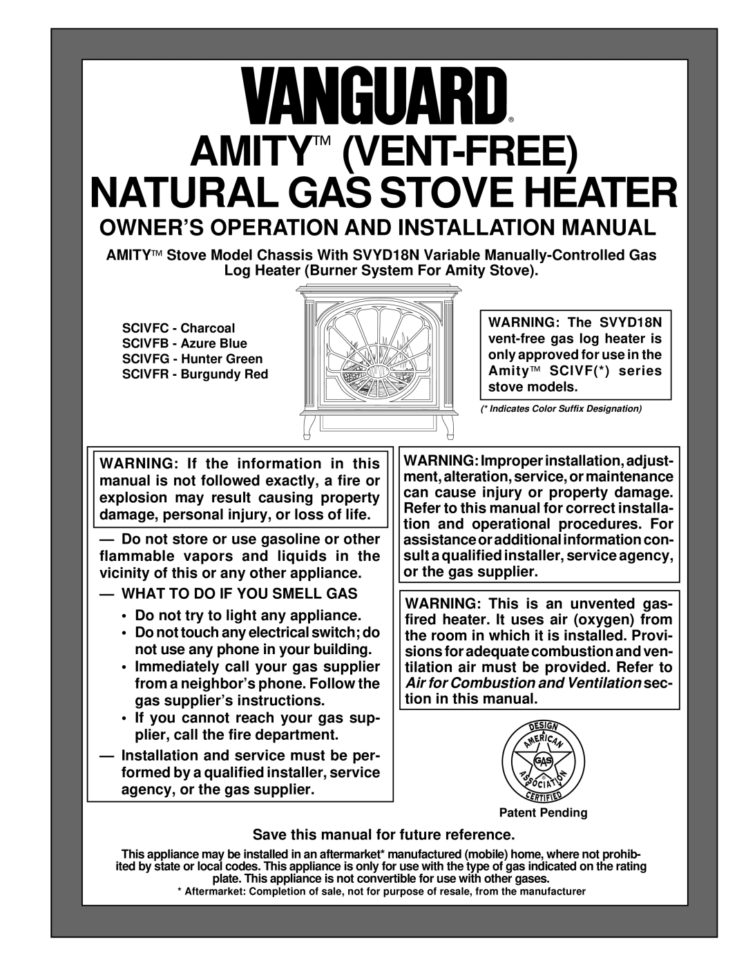 Desa SVYD18N installation manual Owner’S Operation And Installation Manual, Amity Vent-Free Natural Gas Stove Heater 