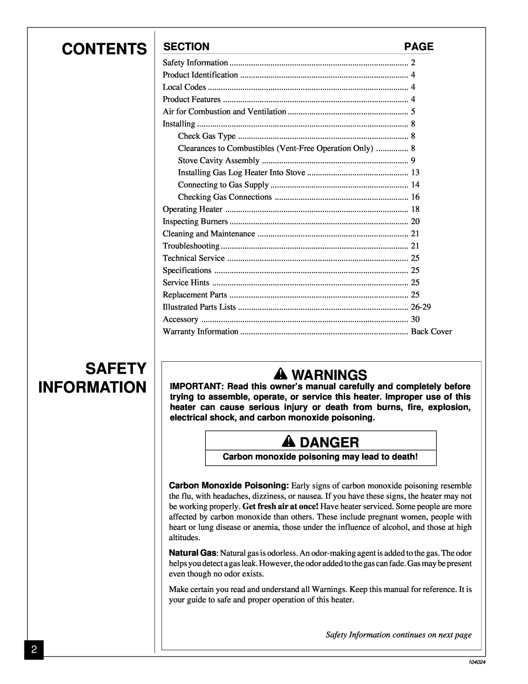Desa SVYD18N installation manual Contents Safety Information, Warnings, Danger, Safety Information continues on next page 