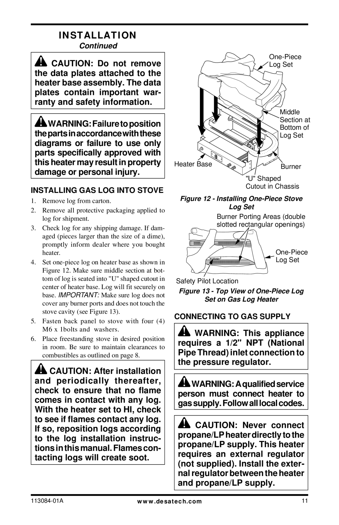 Desa SVYD18NRA/PRA SERIES installation manual Installing GAS LOG Into Stove, Connecting to GAS Supply 