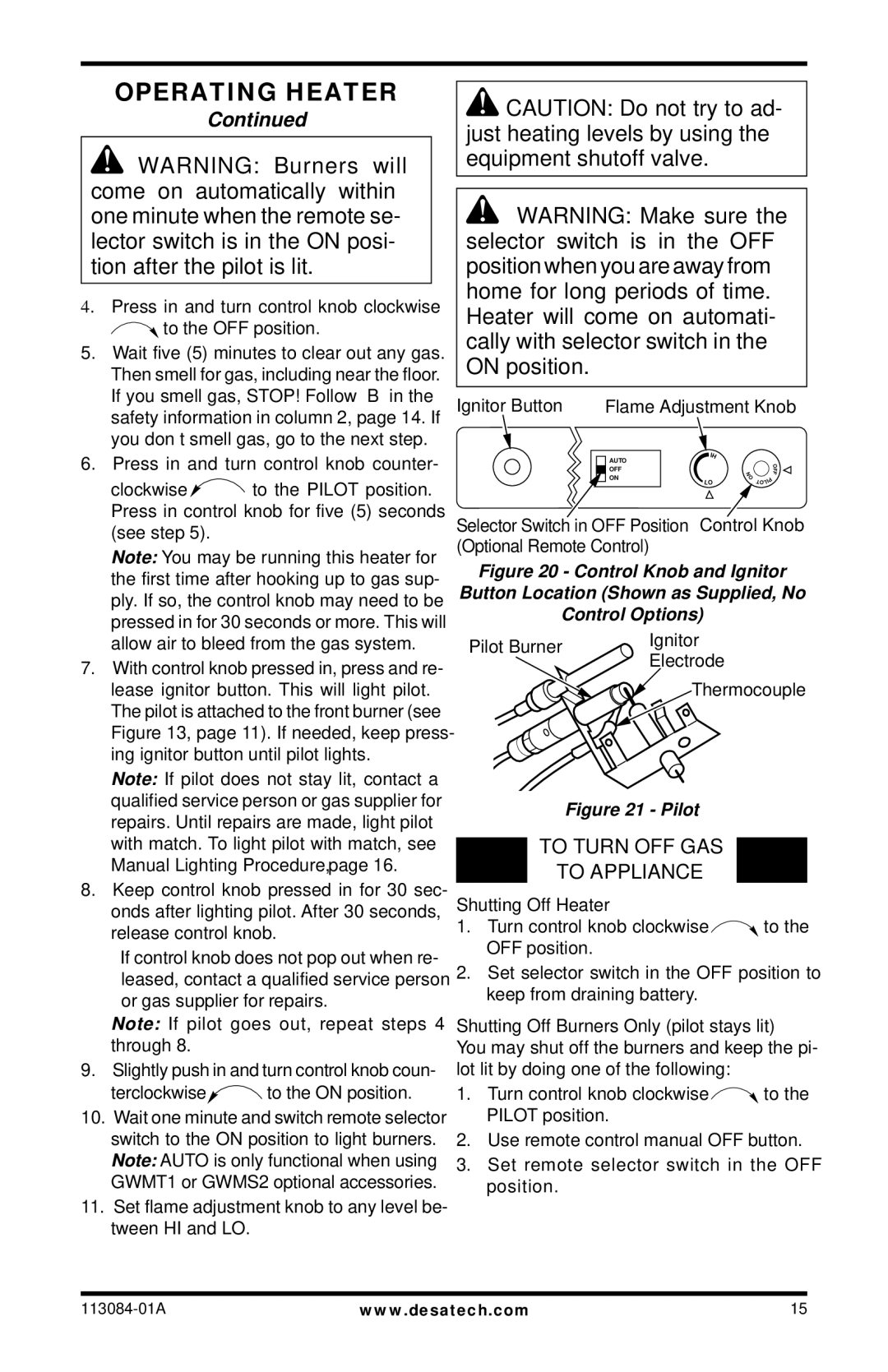 Desa SVYD18NRA/PRA SERIES To Turn OFF GAS To Appliance, Ignitor Button Flame Adjustment Knob, Shutting Off Heater 