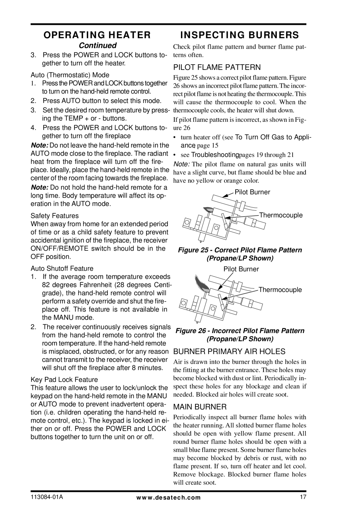 Desa SVYD18NRA/PRA SERIES Inspecting Burners, Pilot Flame Pattern, Burner Primary AIR Holes, Main Burner 