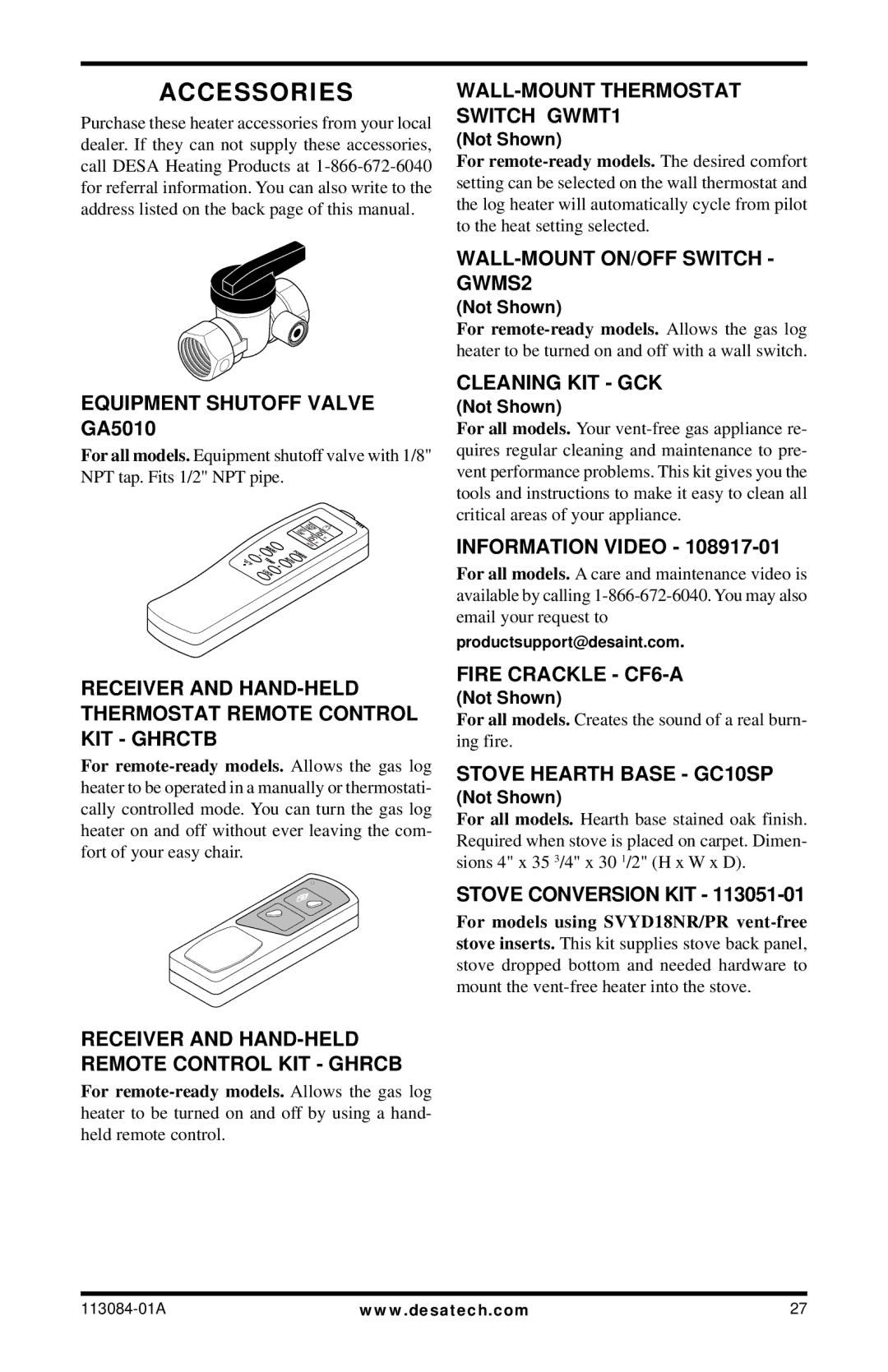 Desa SVYD18NRA/PRA SERIES installation manual Accessories 