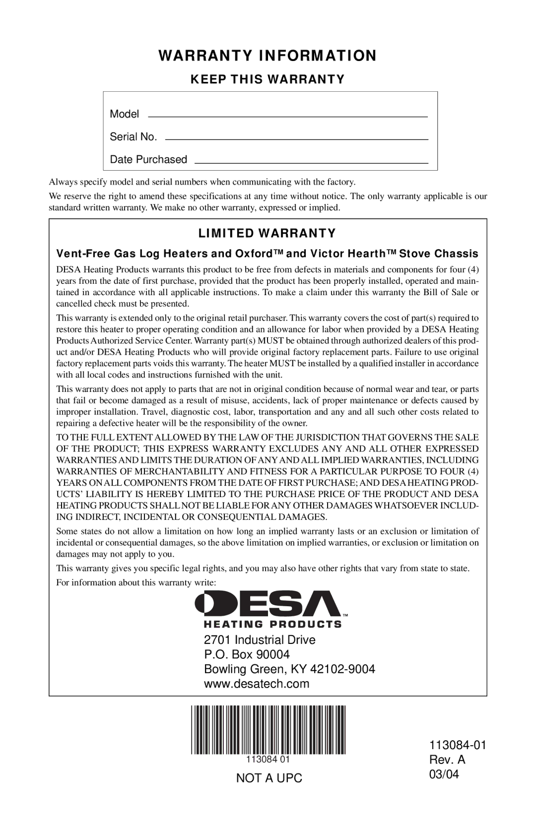 Desa SVYD18NRA/PRA SERIES installation manual Warranty Information, Keep this Warranty, Limited Warranty 