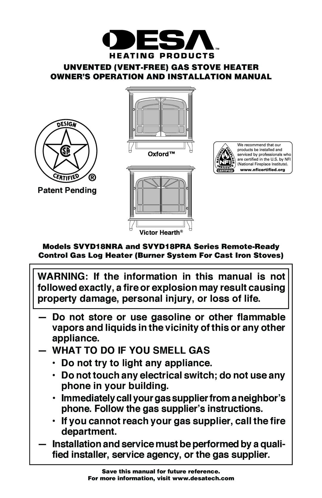 Desa SVYD18NRA, SVYD18PRA installation manual Oxford, Victor Hearth 