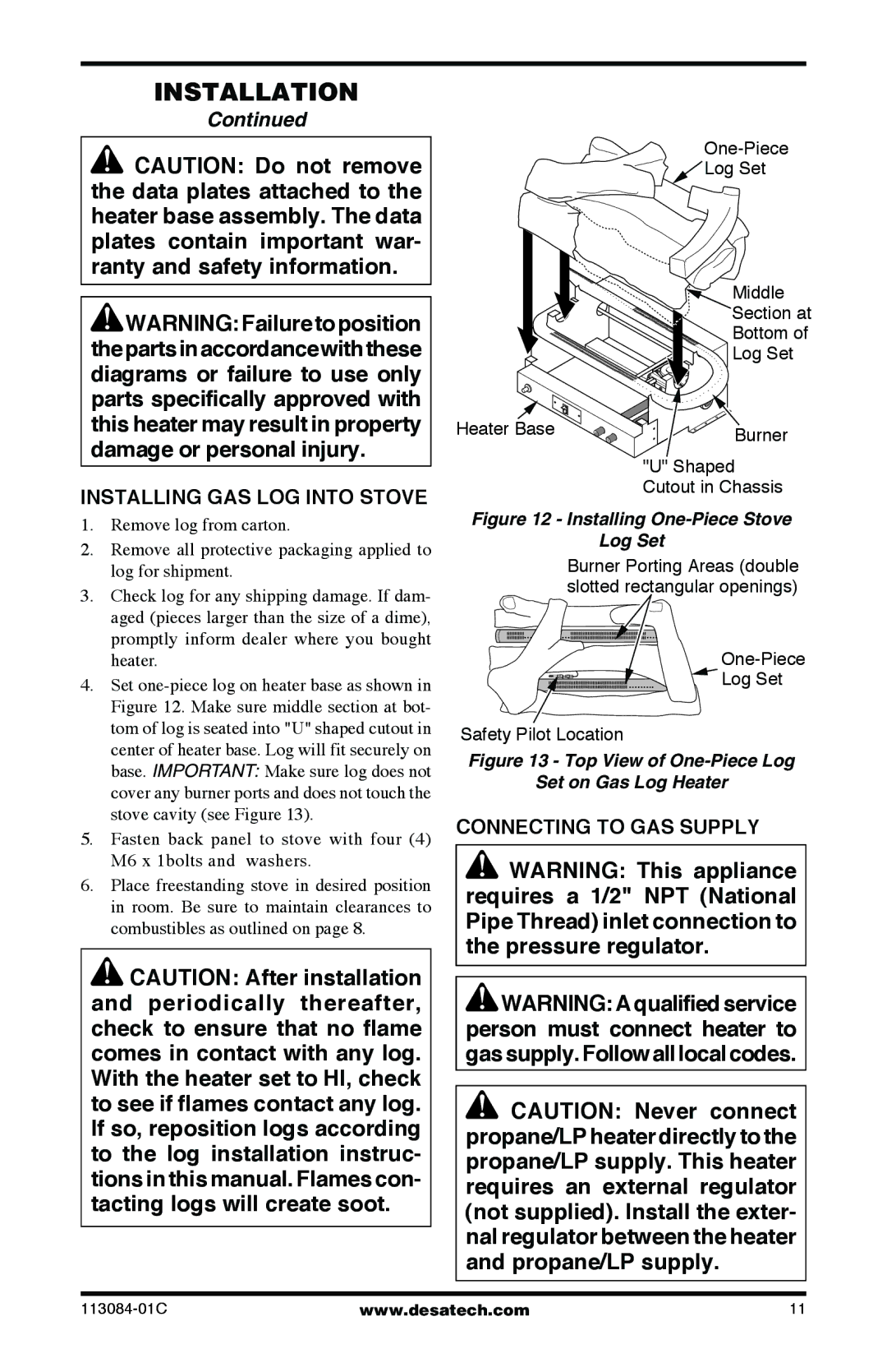 Desa SVYD18NRA, SVYD18PRA installation manual Installing GAS LOG Into Stove, Connecting to GAS Supply 