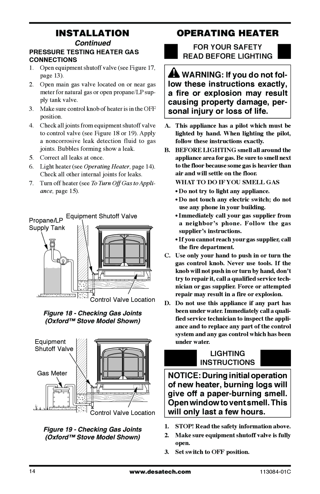 Desa SVYD18PRA, SVYD18NRA installation manual Operating Heater, For Your Safety Read Before Lighting, Lighting Instructions 