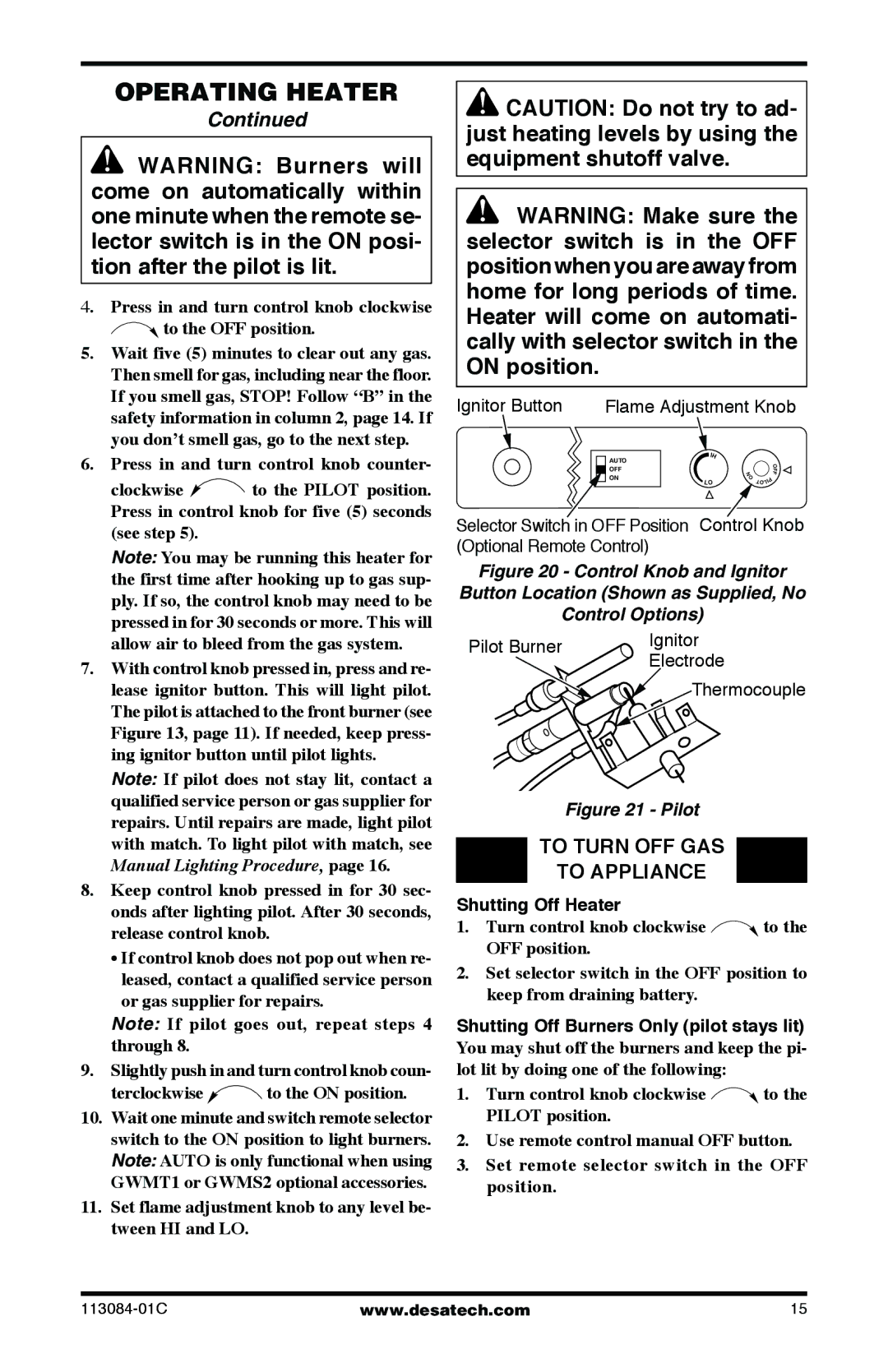 Desa SVYD18NRA, SVYD18PRA To Turn OFF GAS To Appliance, Ignitor Button Flame Adjustment Knob, Shutting Off Heater 