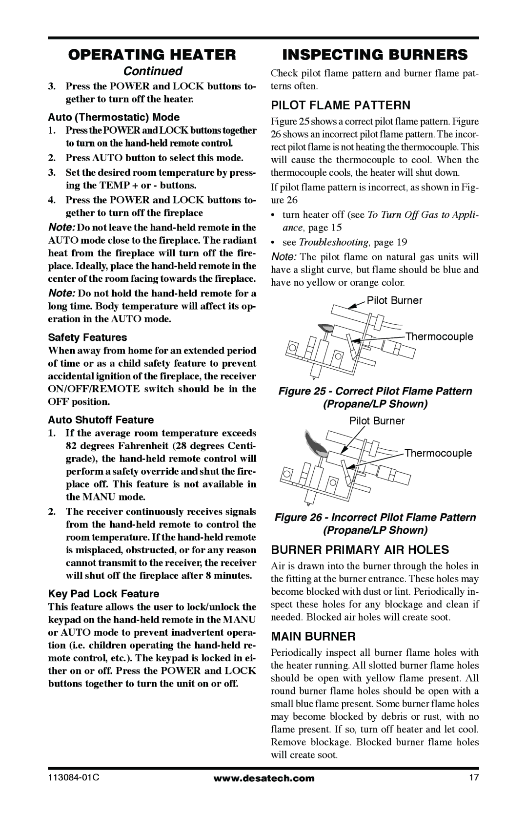 Desa SVYD18NRA, SVYD18PRA installation manual Inspecting Burners, Pilot Flame Pattern, Burner Primary AIR Holes, Main Burner 