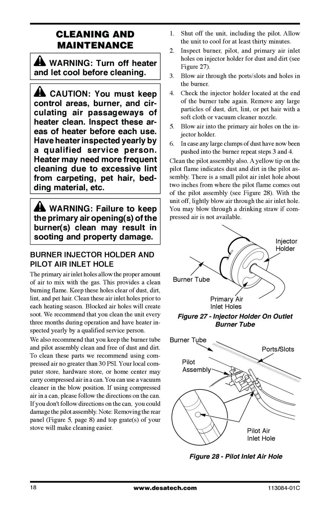 Desa SVYD18PRA, SVYD18NRA installation manual Cleaning Maintenance, Burner Injector Holder and Pilot AIR Inlet Hole 