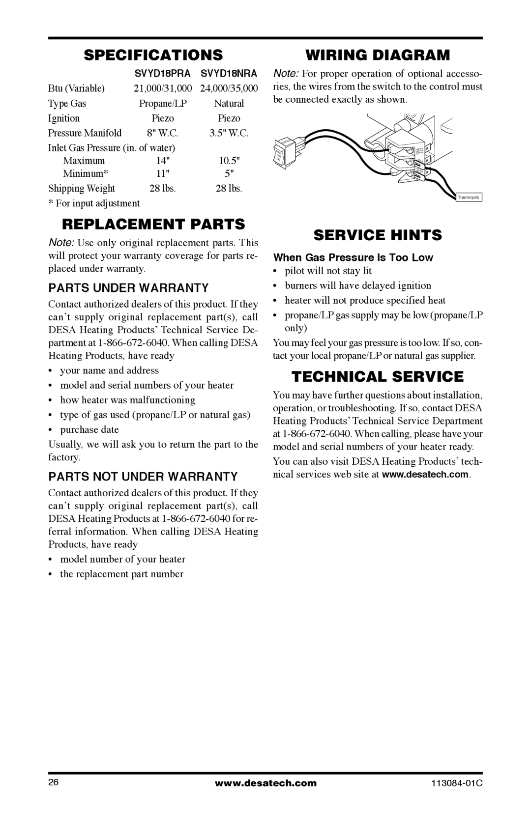 Desa SVYD18PRA, SVYD18NRA Specifications, Replacement Parts, Wiring Diagram, Service Hints, Technical Service 