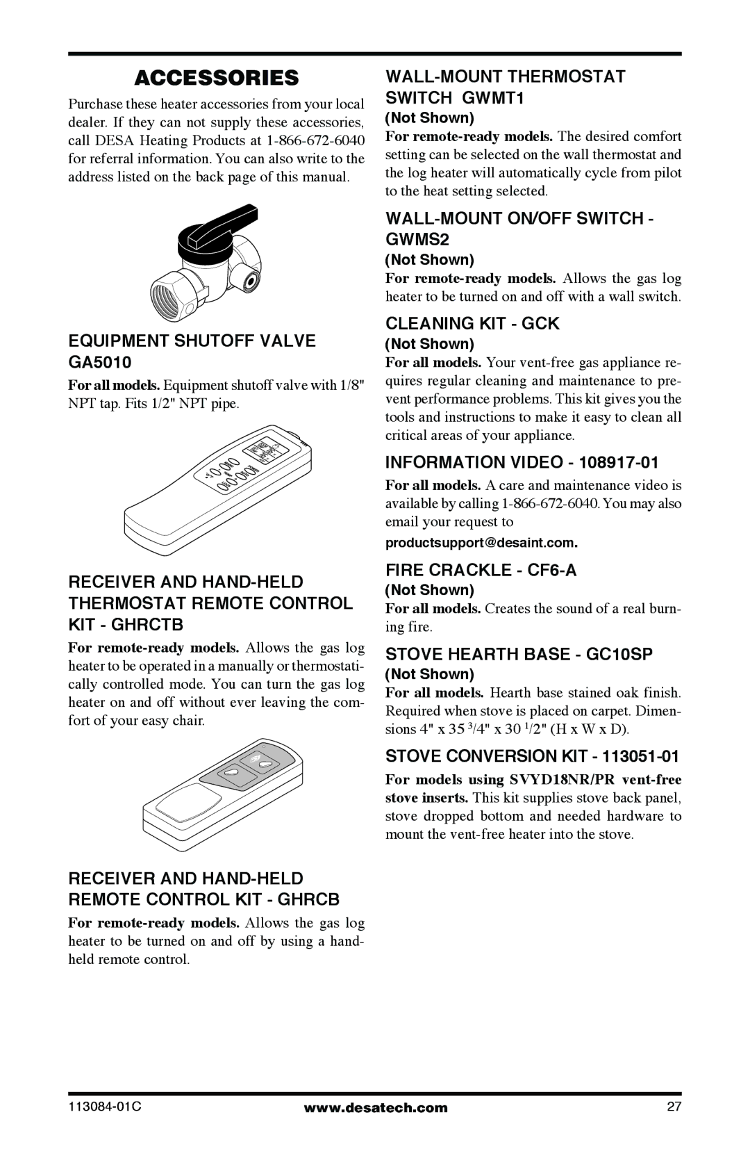 Desa SVYD18NRA, SVYD18PRA installation manual Accessories 