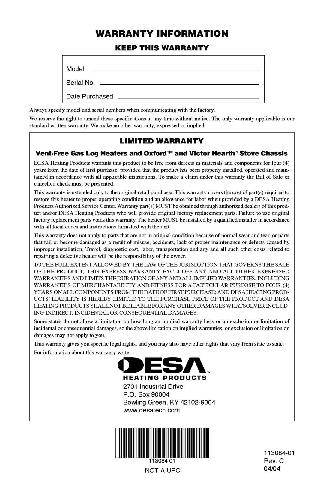 Desa SVYD18PRA, SVYD18NRA installation manual Warranty Information, Keep this Warranty, Limited Warranty 