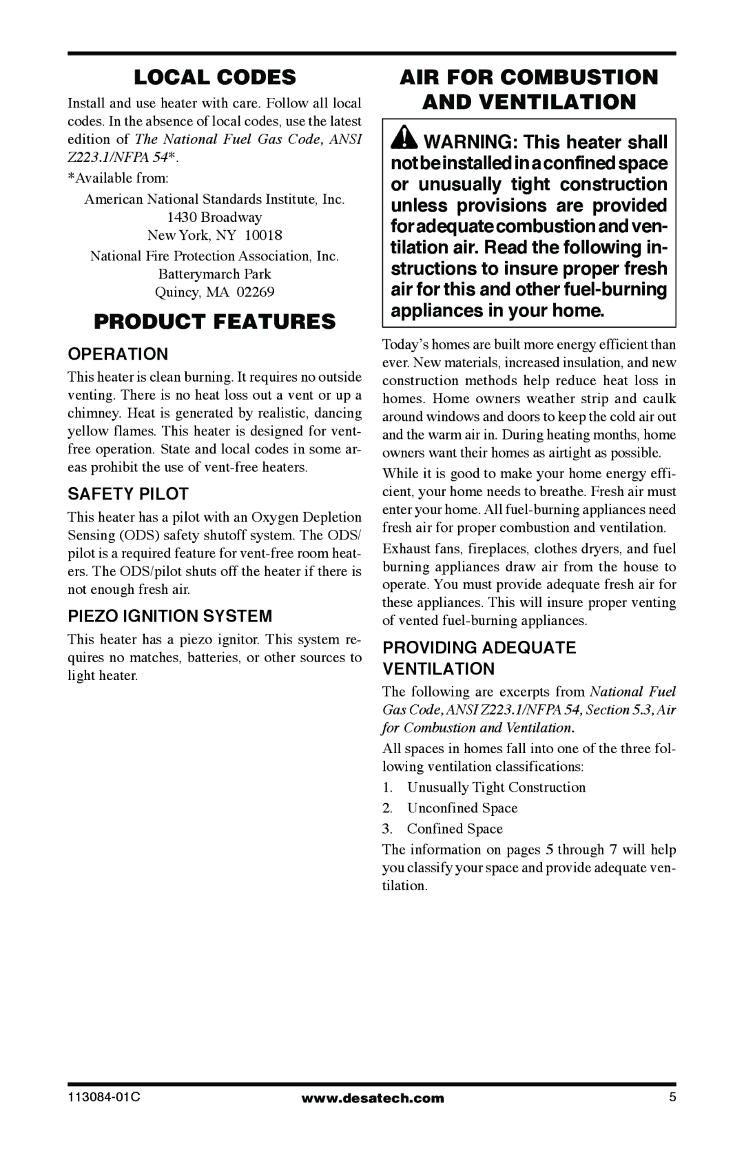 Desa SVYD18NRA, SVYD18PRA installation manual Local Codes, Product Features, AIR for Combustion Ventilation 