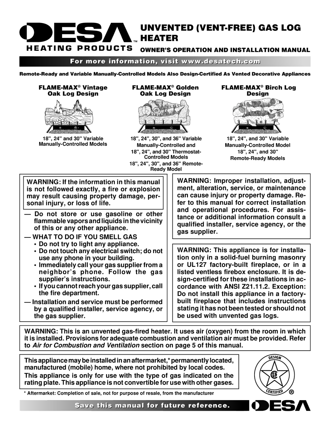 Desa installation manual Unvented VENT-FREE GAS LOG Heater, What to do if YOU Smell GAS 