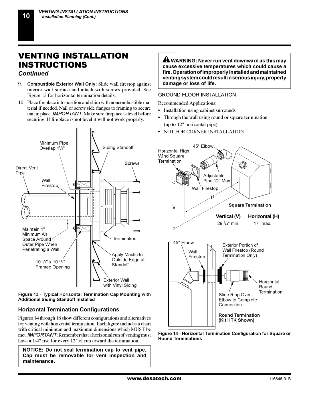 Desa T32N-A, CGDV32NR, T32P-A, CGDV32PR Horizontal Termination Conﬁgurations, Cap must be removable for vent inspection 