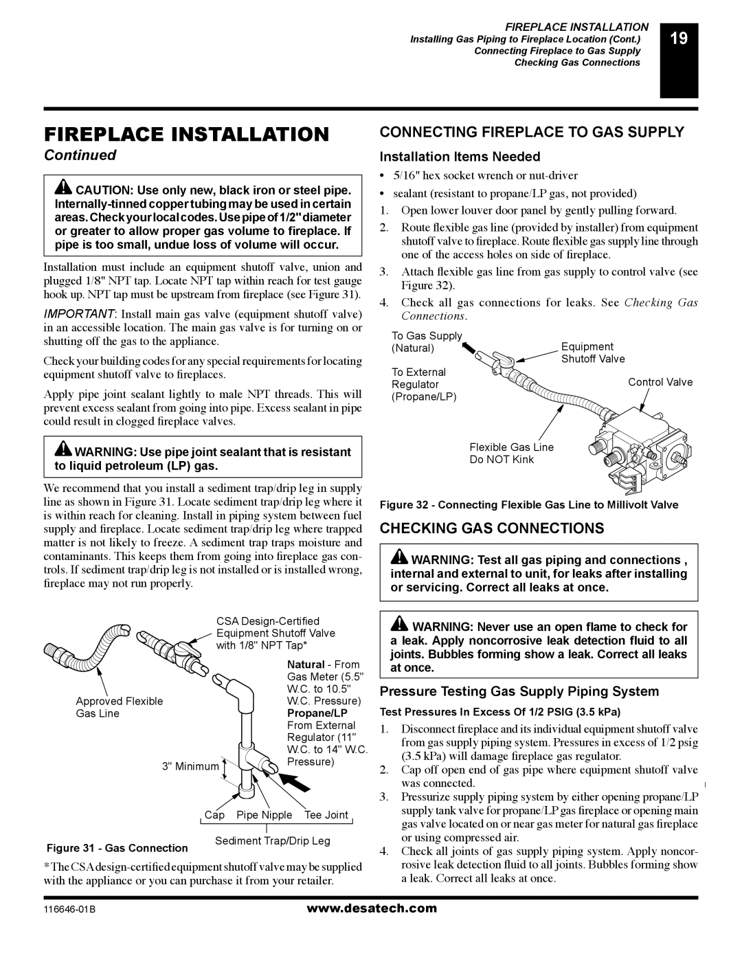 Desa (V)T32P-A SERIES, (V)T32N-A SERIES installation manual Connecting Fireplace to GAS Supply, Checking GAS Connections 