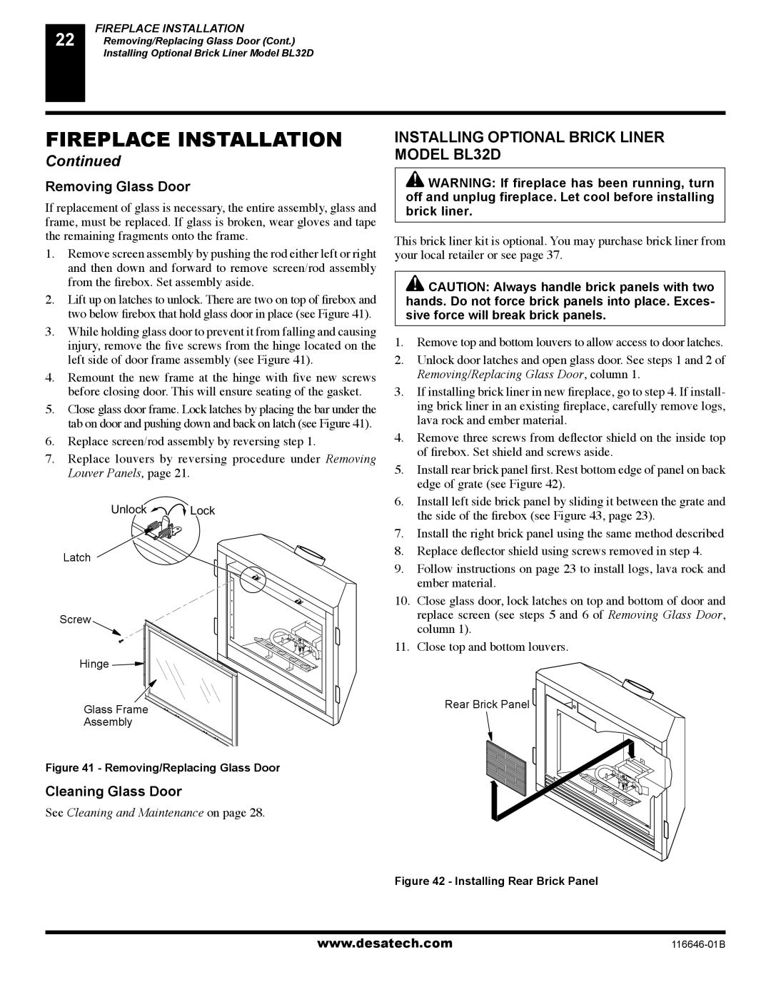 Desa T32N-A, CGDV32NR, T32P-A, CGDV32PR Installing Optional Brick Liner Model BL32D, Removing Glass Door 