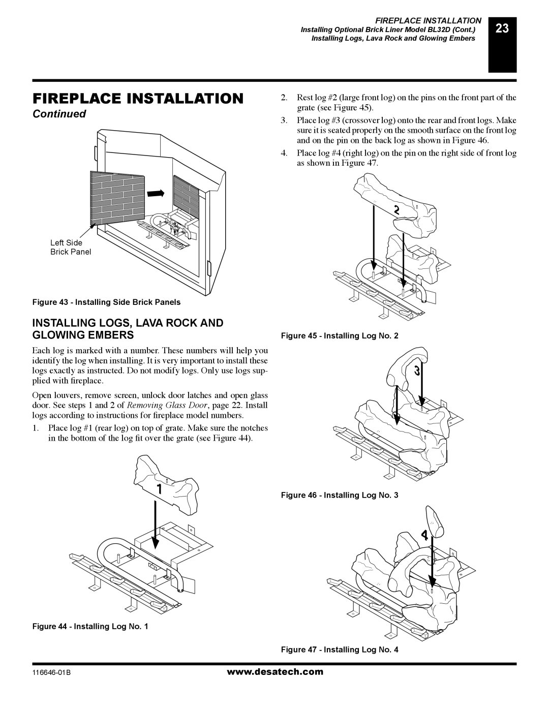 Desa (V)T32P-A SERIES, (V)T32N-A SERIES Installing LOGS, Lava Rock and Glowing Embers, Installing Side Brick Panels 