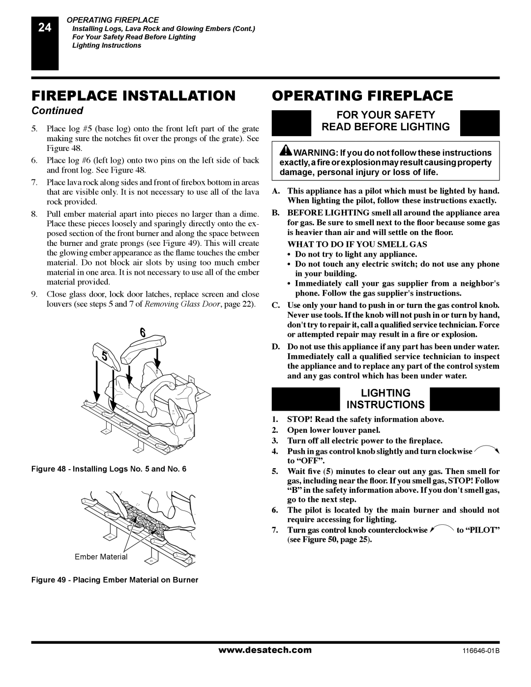 Desa T32N-A, CGDV32NR, T32P-A, CGDV32PR Operating Fireplace, For Your Safety Read Before Lighting, Lighting Instructions 