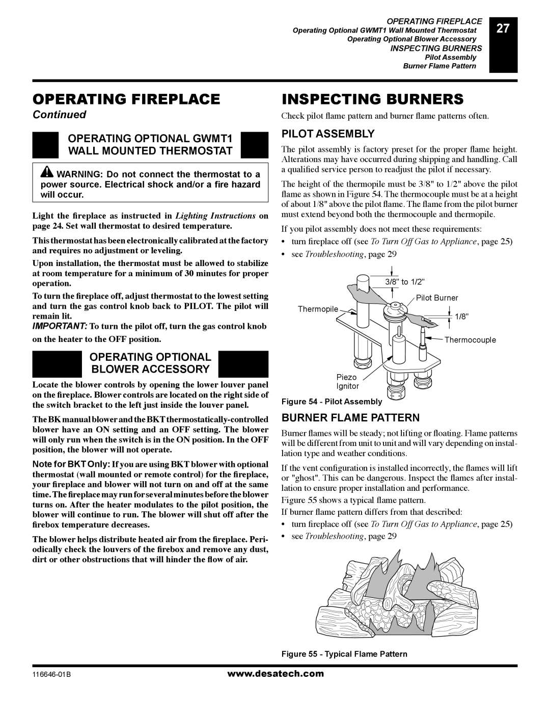 Desa (V)T32P-A SERIES, (V)T32N-A SERIES Inspecting Burners, Operating Optional GWMT1 Wall Mounted Thermostat 