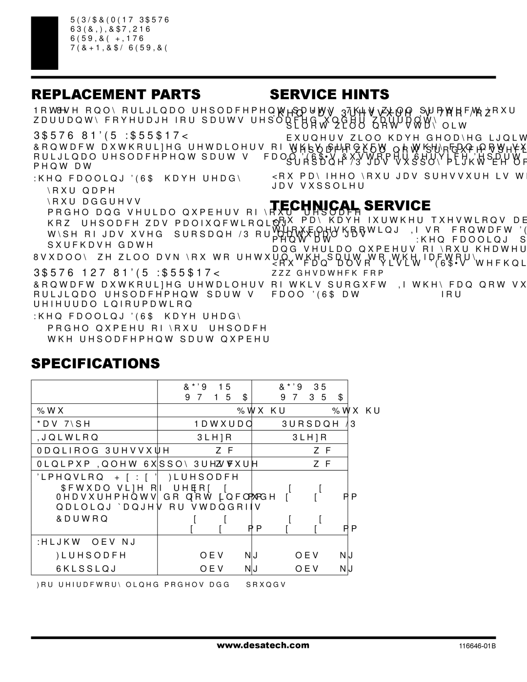 Desa T32N-A, CGDV32NR, T32P-A, CGDV32PR Replacement Parts, Service Hints, Technical Service, Specifications 