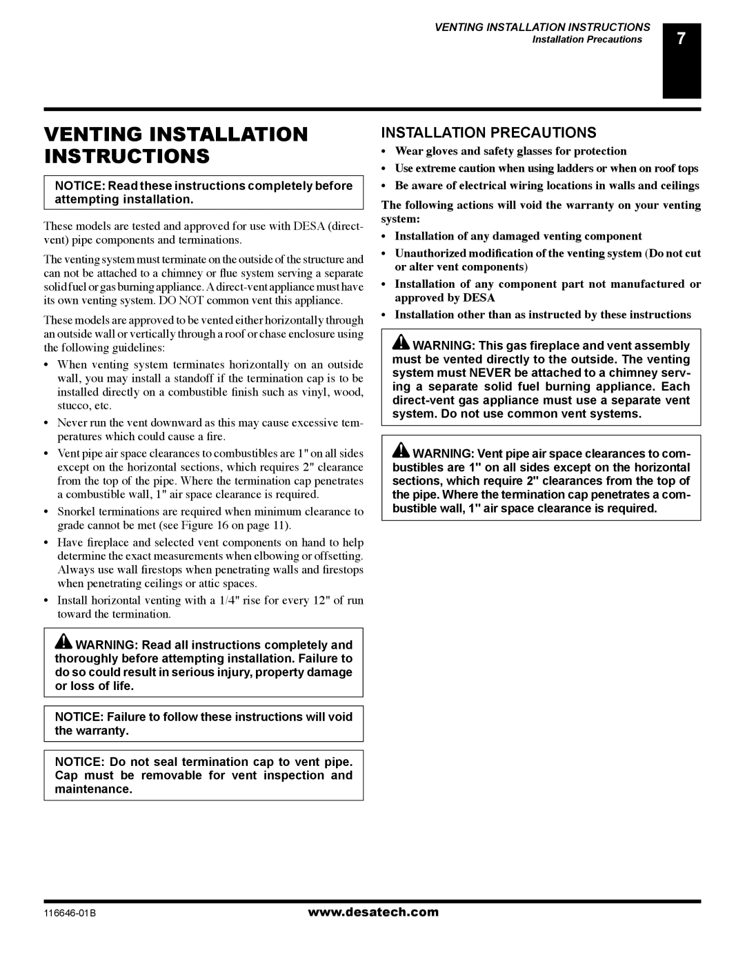 Desa (V)T32P-A SERIES, (V)T32N-A SERIES installation manual Venting Installation Instructions, Installation Precautions 