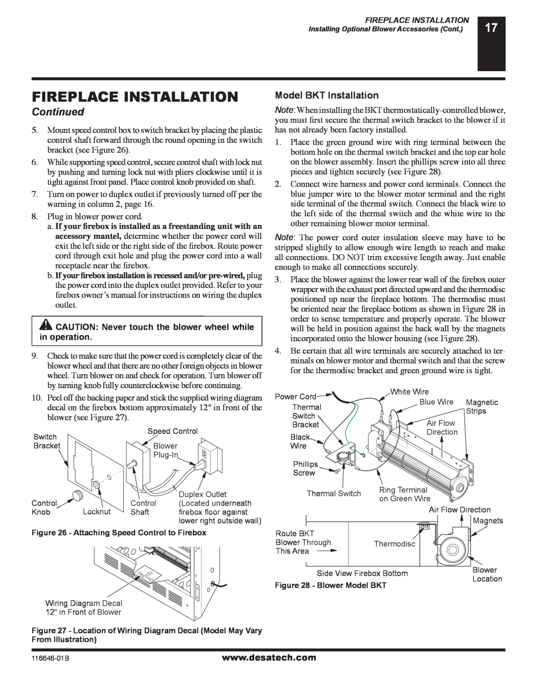 Desa (V)T32P-A SERIES, (V)T32N-A SERIES installation manual Fireplace Installation, Continued, Model BKT Installation 