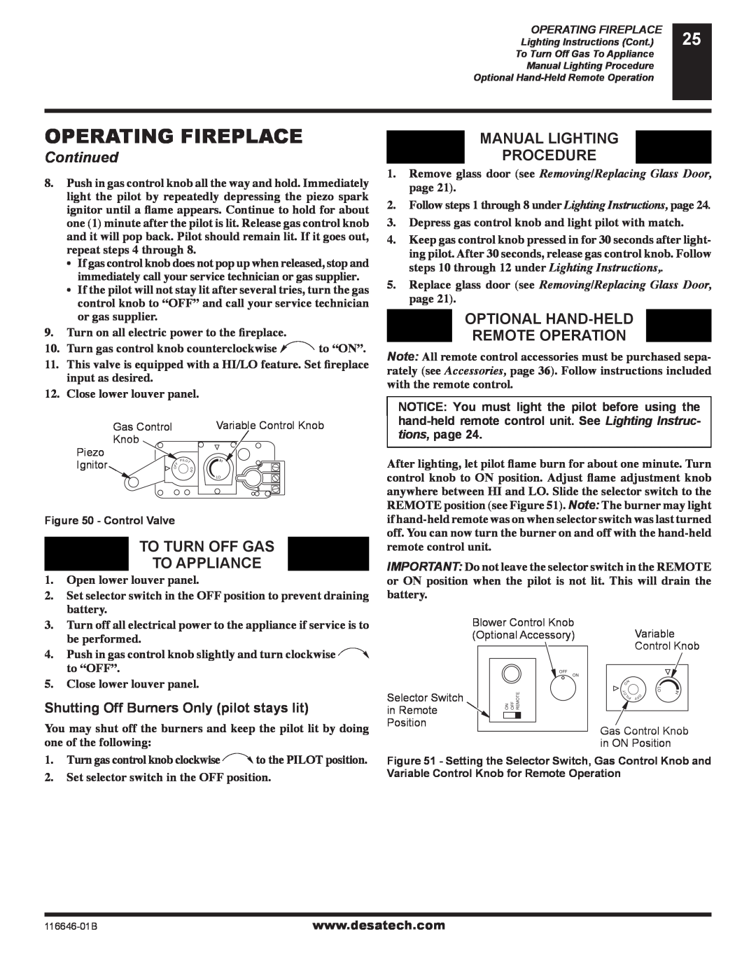 Desa (V)T32P-A SERIES, (V)T32N-A SERIES installation manual Operating Fireplace, Continued, To Turn Off Gas To Appliance 