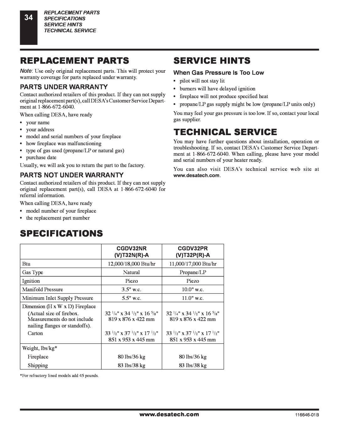 Desa T32N-A, CGDV32NR, T32P-A, CGDV32PR Replacement Parts, Service Hints, Technical Service, Specifications 