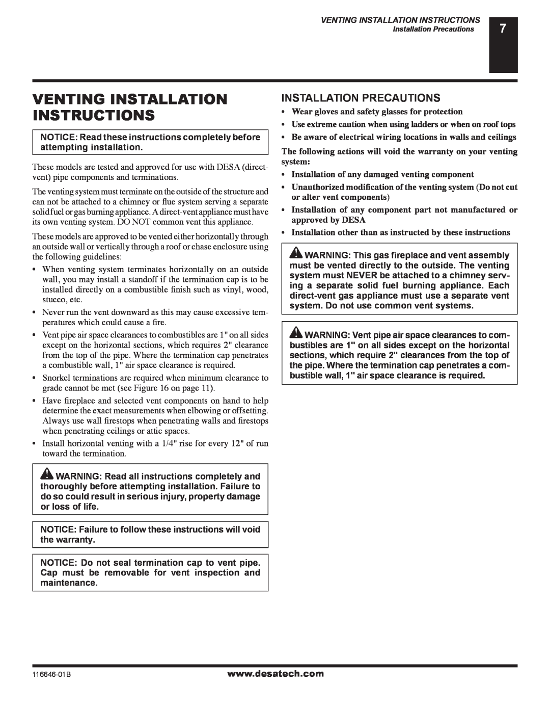 Desa (V)T32P-A SERIES, (V)T32N-A SERIES installation manual Venting Installation Instructions, Installation Precautions 