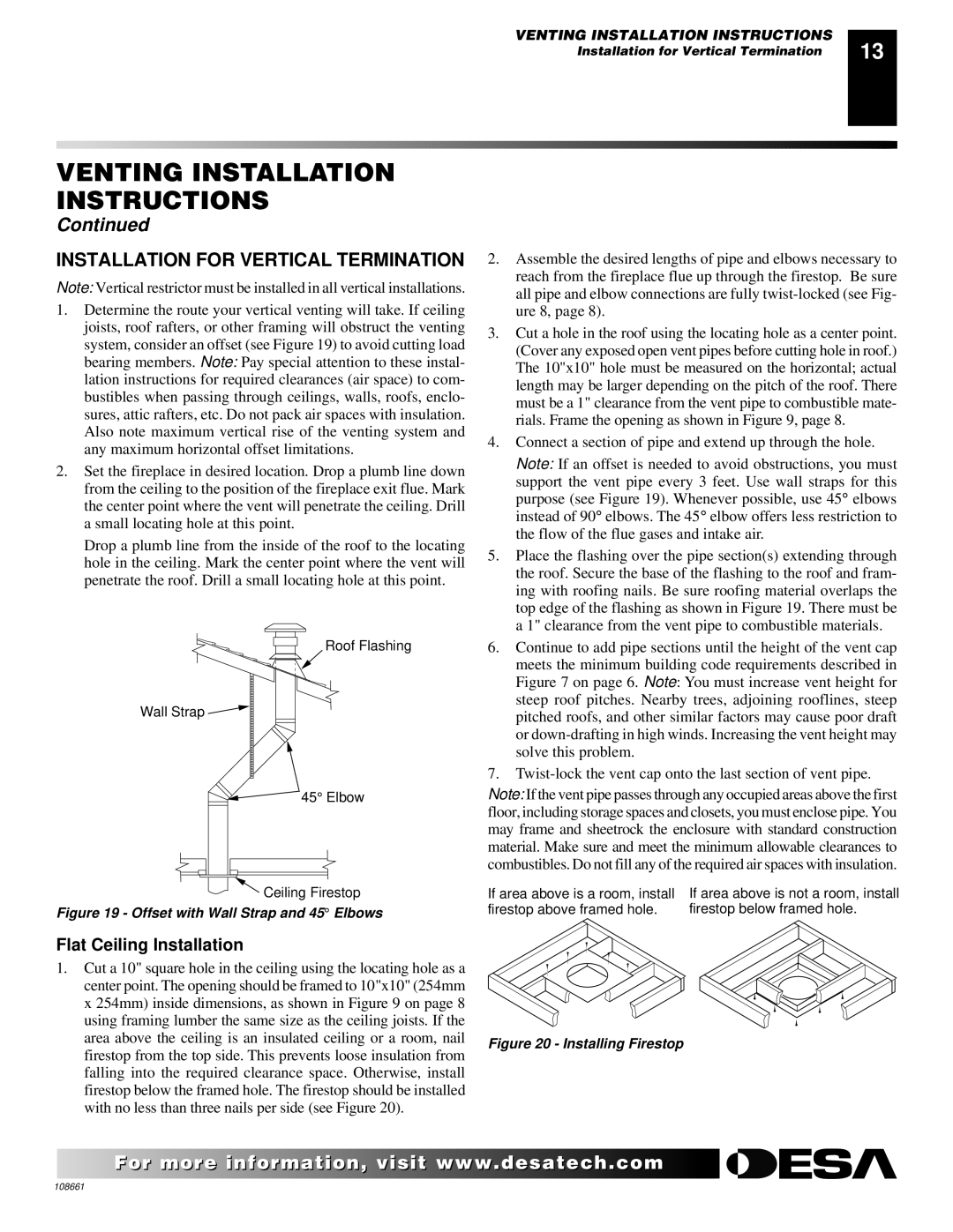 Desa T32N, T36N, T32P, T36P installation manual Installation for Vertical Termination, Flat Ceiling Installation 