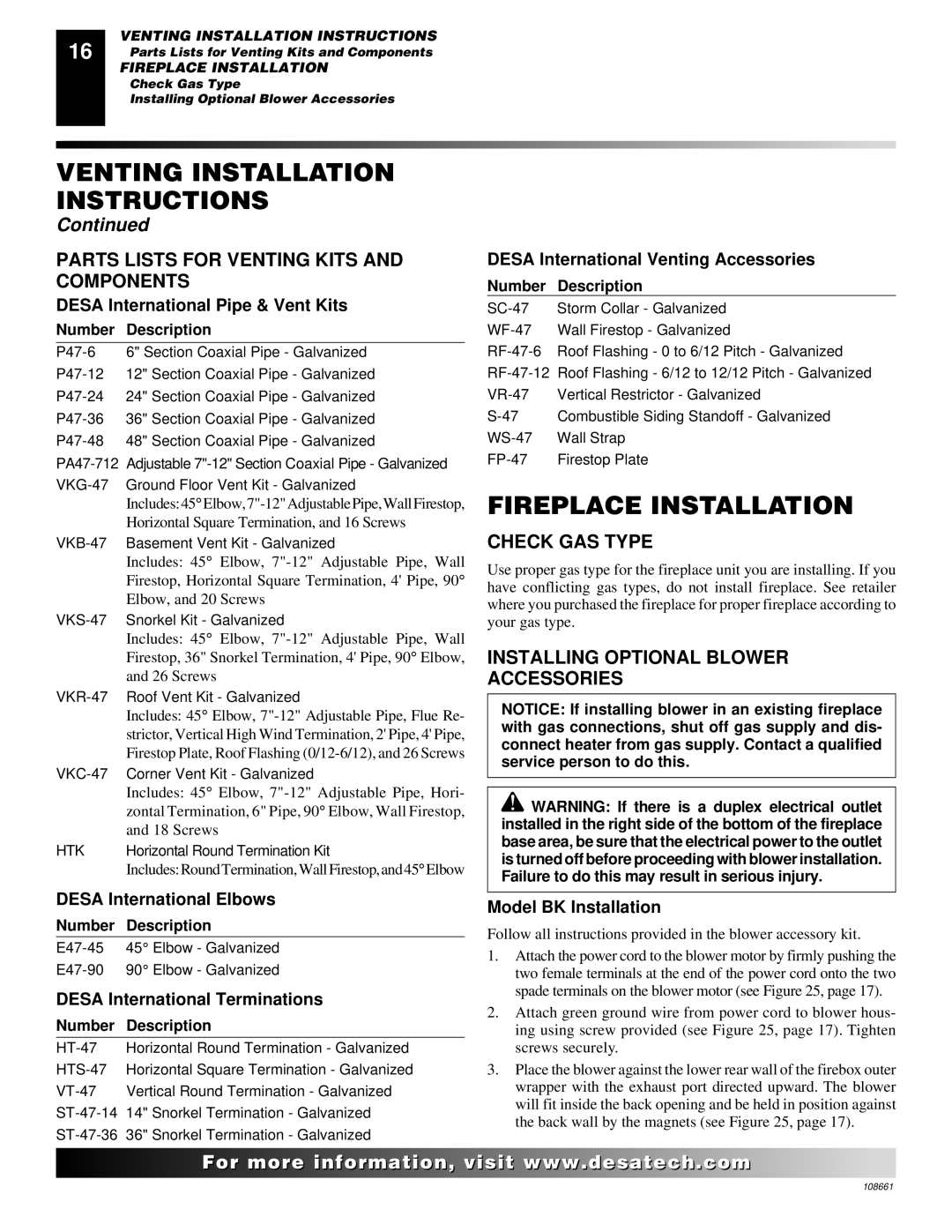 Desa T32N, T36N, T32P, T36P Fireplace Installation, Parts Lists for Venting Kits and Components, Check GAS Type 