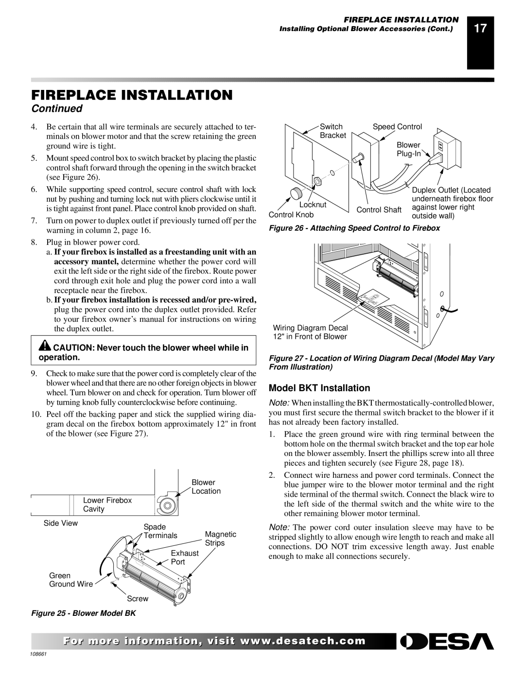 Desa T32N, T36N, T32P, T36P installation manual Model BKT Installation, Blower Model BK 