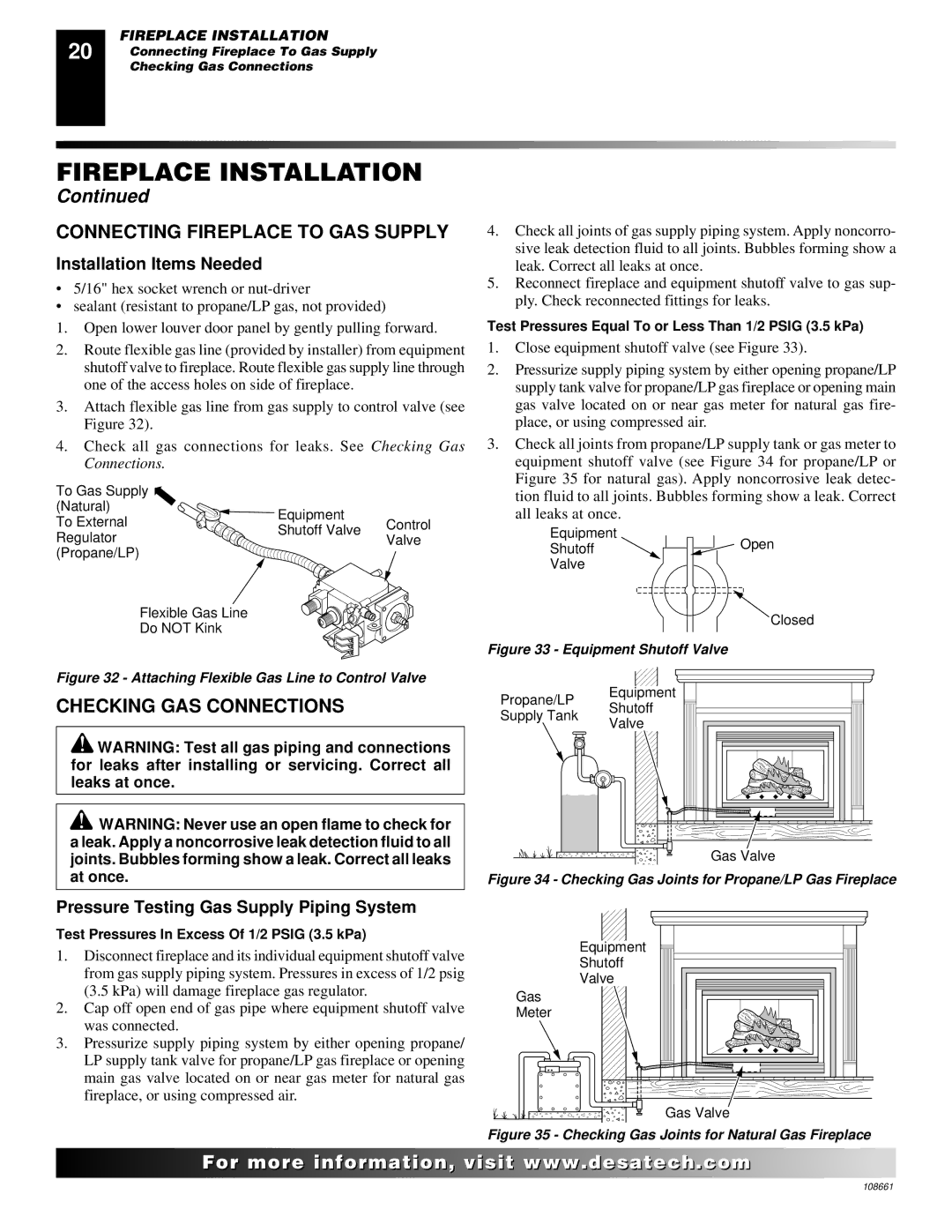 Desa T32N, T36N, T32P, T36P Connecting Fireplace to GAS Supply, Checking GAS Connections, Installation Items Needed 