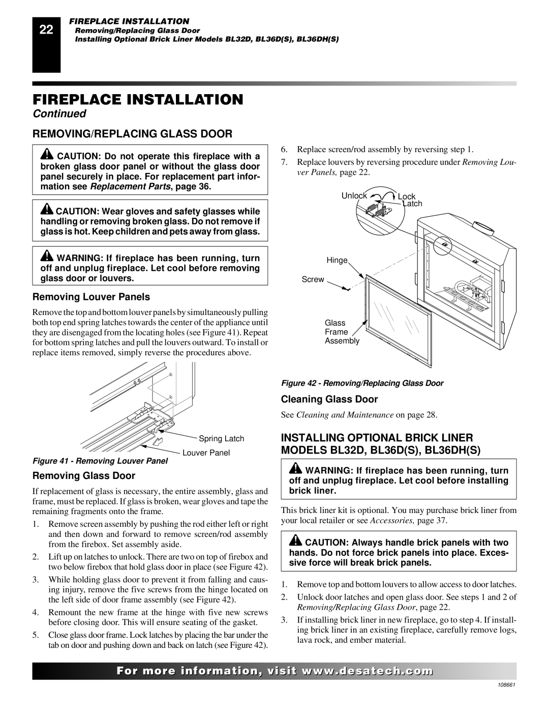 Desa T32N, T36N, T32P, T36P installation manual REMOVING/REPLACING Glass Door, Removing Louver Panels, Removing Glass Door 