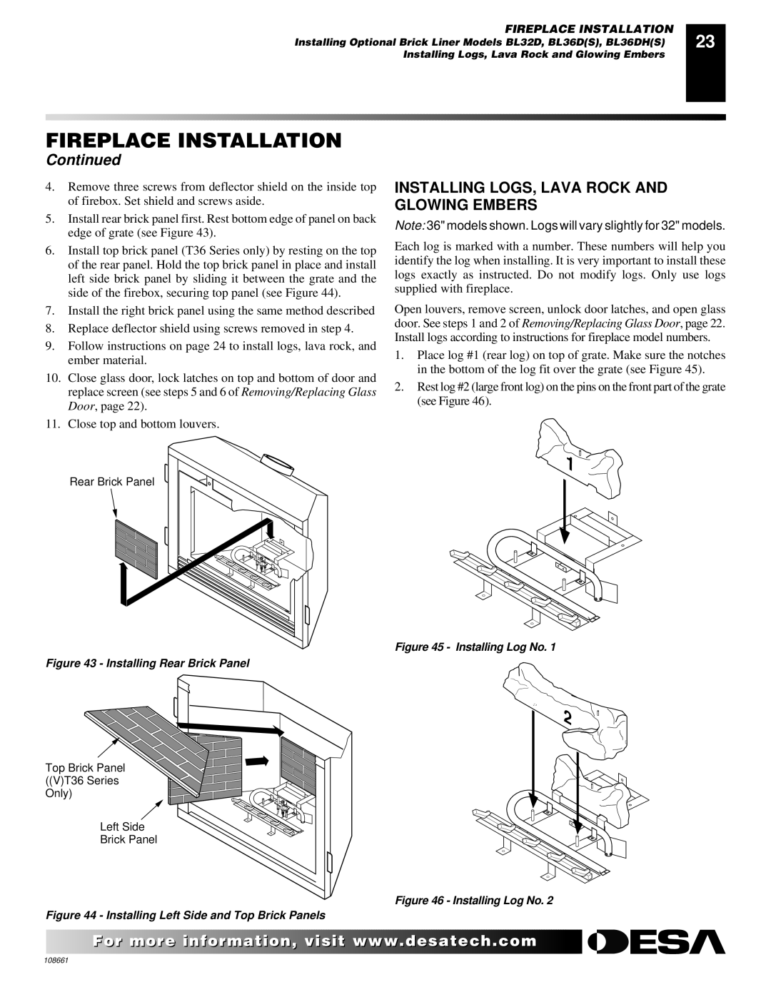 Desa T32N, T36N, T32P, T36P installation manual Installing LOGS, Lava Rock and Glowing Embers, Installing Log No 