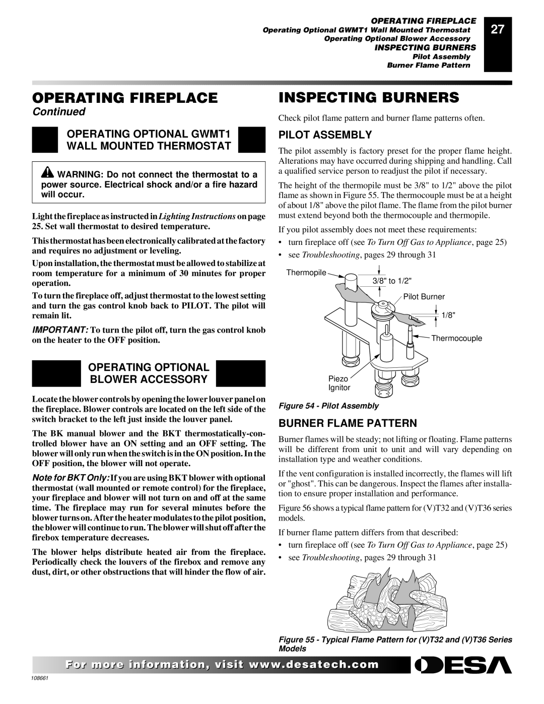 Desa T32N, T36N, T32P, T36P Inspecting Burners, Operating Optional GWMT1 Wall Mounted Thermostat, Pilot Assembly 