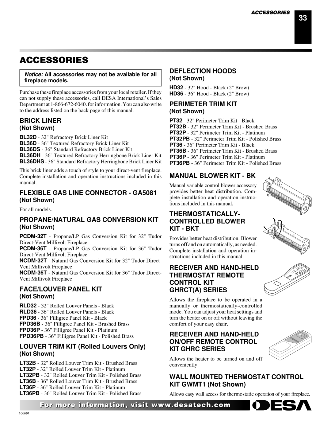 Desa T32N, T36N, T32P, T36P installation manual Accessories 