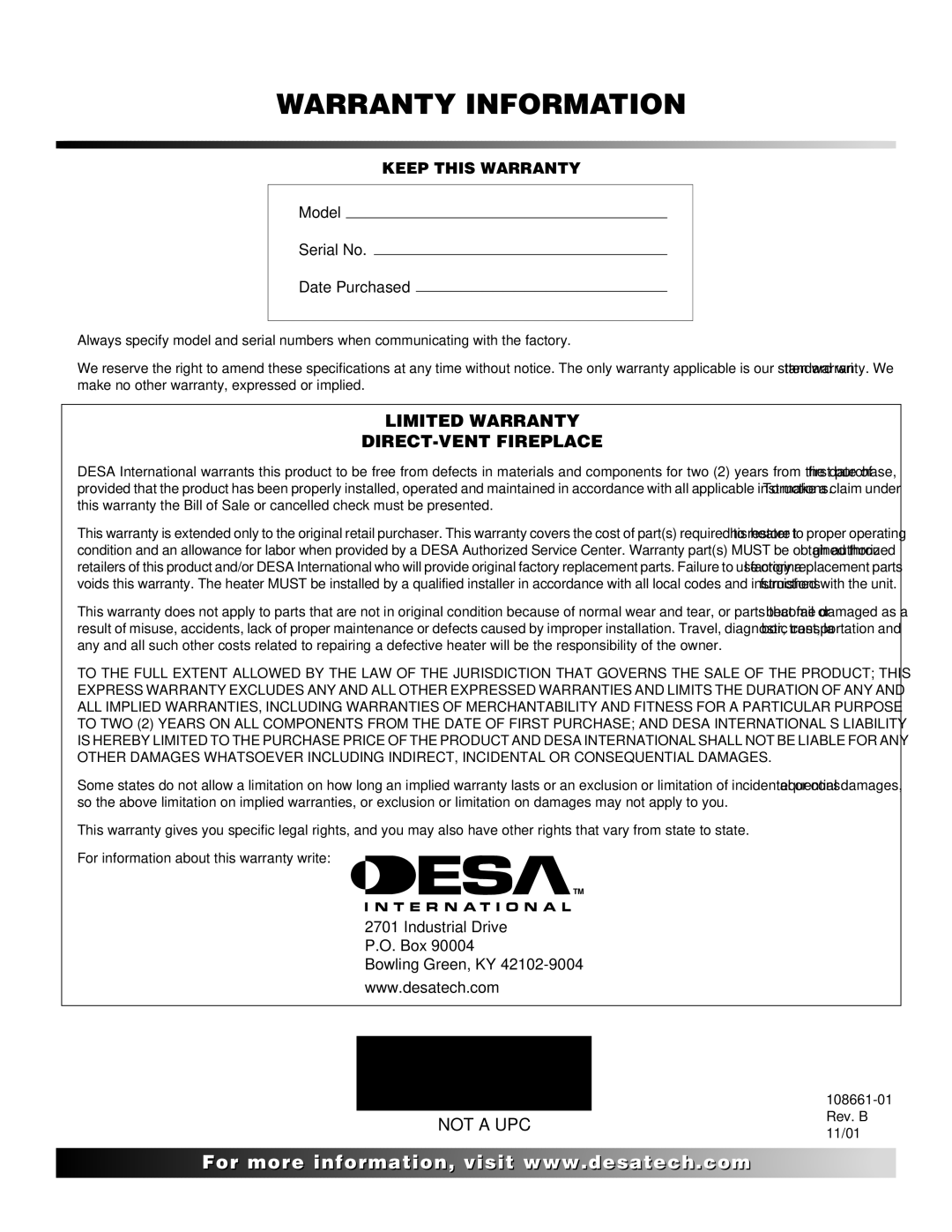 Desa T32N, T36N, T32P, T36P installation manual Warranty Information 