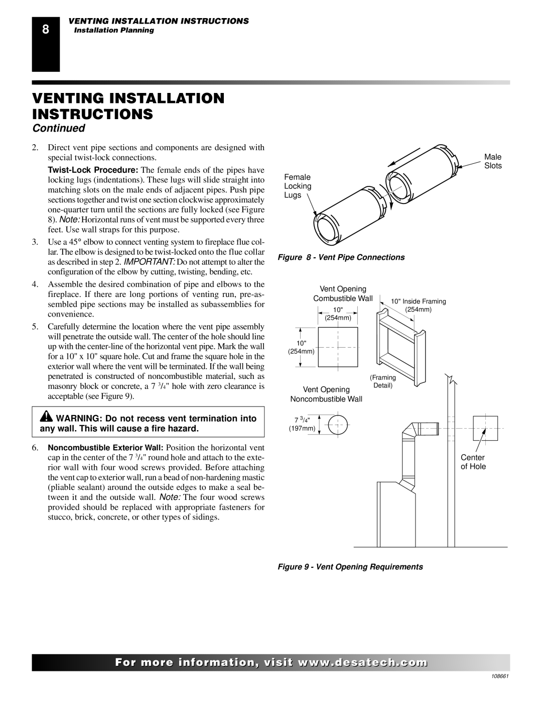 Desa T32N, T36N, T32P, T36P installation manual Vent Pipe Connections 