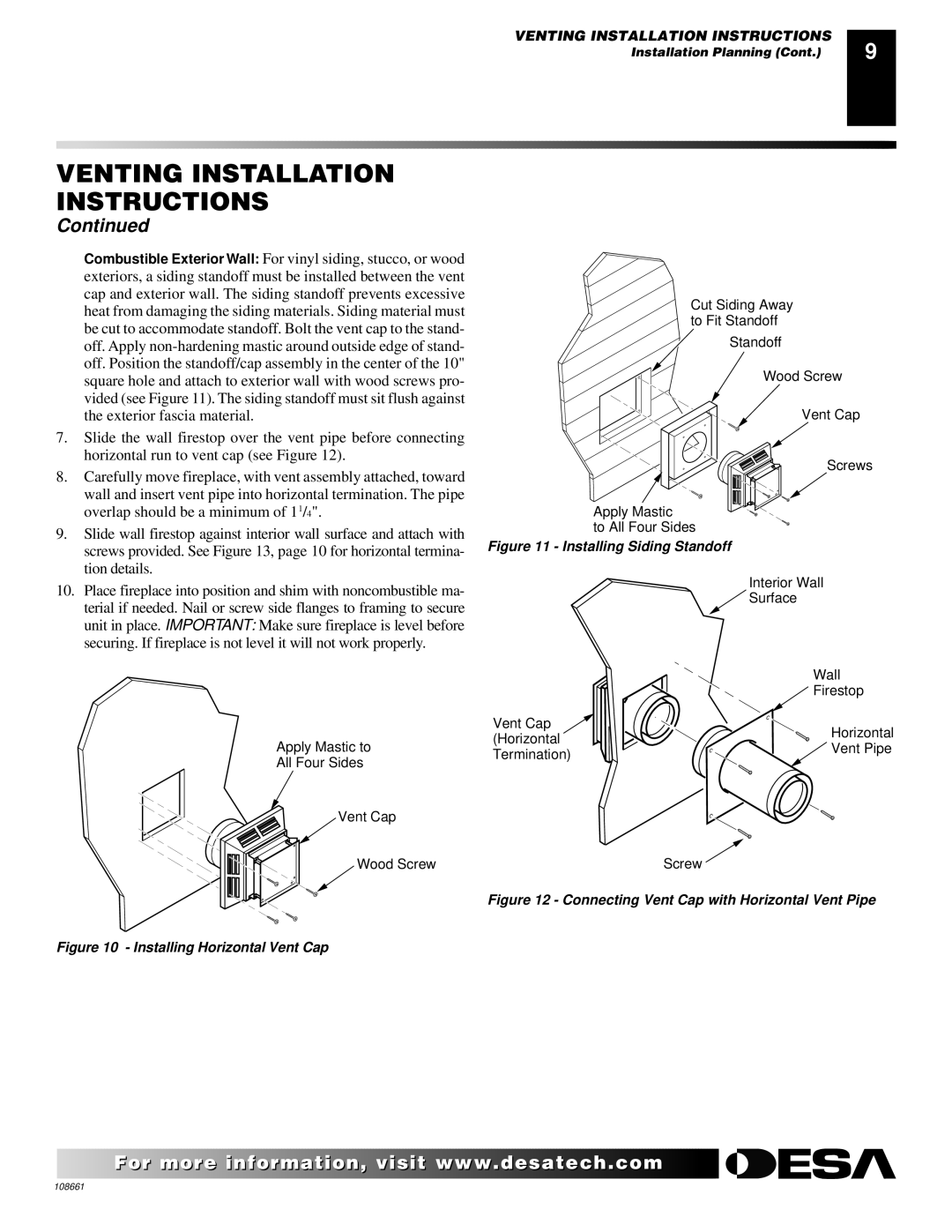 Desa T32N, T36N, T32P, T36P installation manual Installing Horizontal Vent Cap 